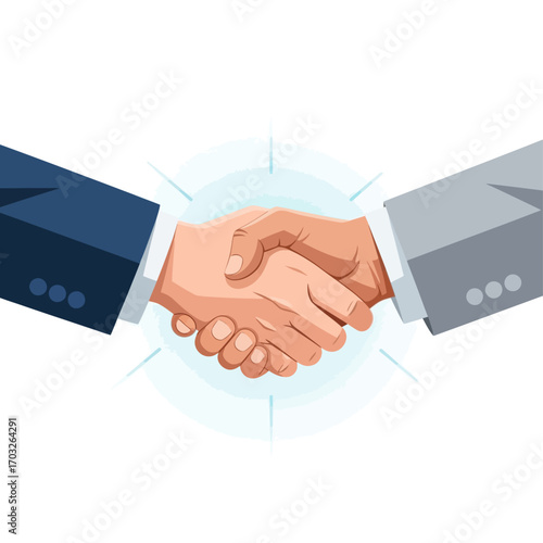 Two business professionals in suits clasping hands in a handshake, symbolizing agreement and partnership with a glowing aura.
