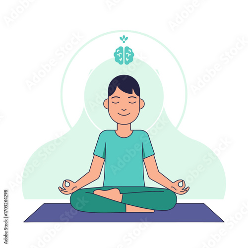 A cartoon illustration of a person meditating in a lotus position, with a brain above.