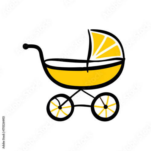 Simple yellow baby carriage icon on black background