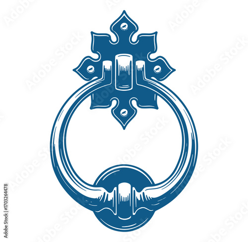 Intricate blue door knocker illustration depicting classic architectural hardware design