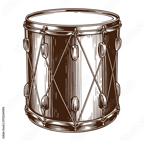 Intricate engraved illustration of a snare drum musical instrument in monochrome style