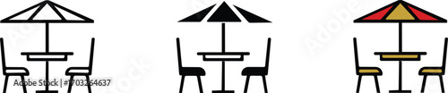 Terrace cafe chairs icons set, patio table with umbrella cafe chair table umbrela set set of silhouette. patio table with umbrella cafe chair table umbrela set icon set vector.