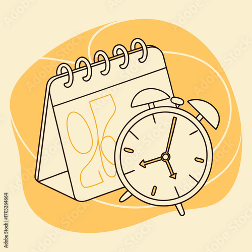 A simple line art illustration of a desk calendar and an alarm clock representing time management and scheduling.