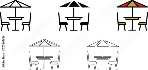 Terrace cafe chairs icons set, patio table with umbrella cafe chair table umbrela set set of silhouette. patio table with umbrella cafe chair table umbrela set icon set vector.