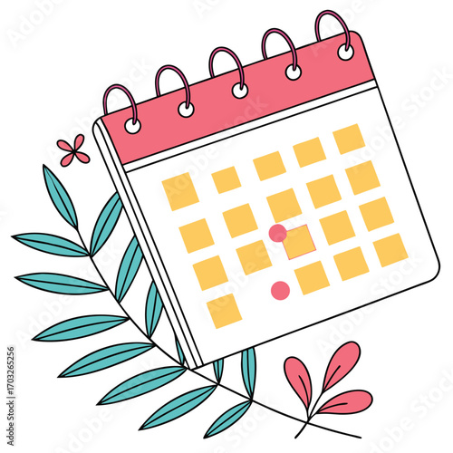A cute cartoon calendar with pink and yellow squares and two pink dots marking important dates.