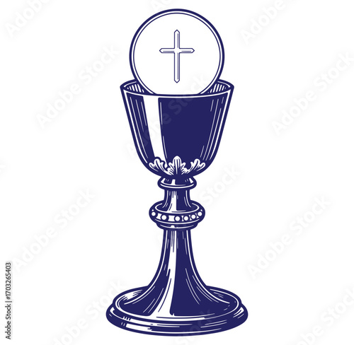 Intricate illustration depicting chalice and communion wafer representing catholic religious symbolism
