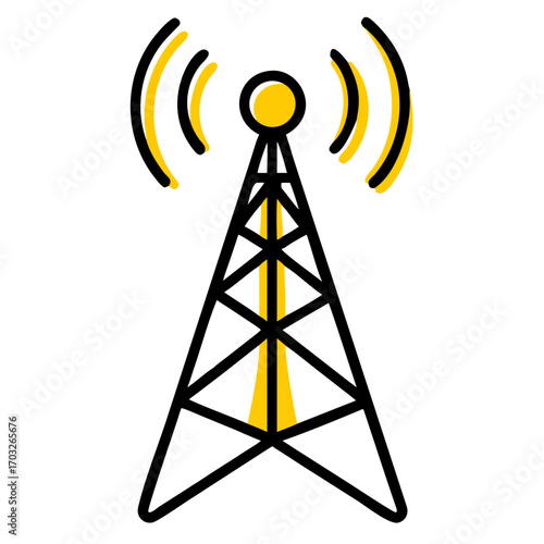 Yellow radio tower with signal waves on black background