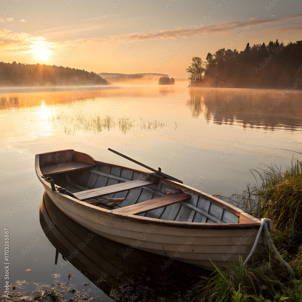 Fototapeta premium A wooden rowboat rests on a calm lake at sunrise, evoking peace, reflection