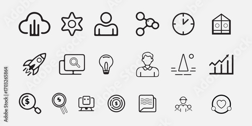 Set of 18 Business icons. Business and Finance web icons in line style. Money, bank, contact, infographic. Icon collection. Vector illustration.
