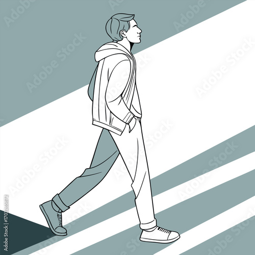 Young man walking, casual style, side view.