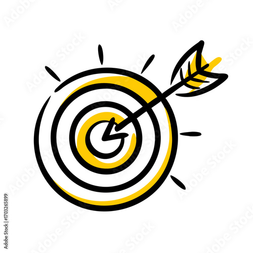 Abstract yellow symbol with circular design and arrow on black background