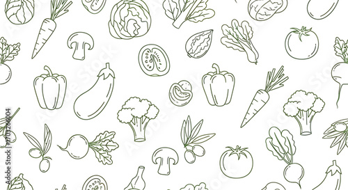 Green Vegetables and Nuts Seamless Pattern Healthy Food Line Art Background