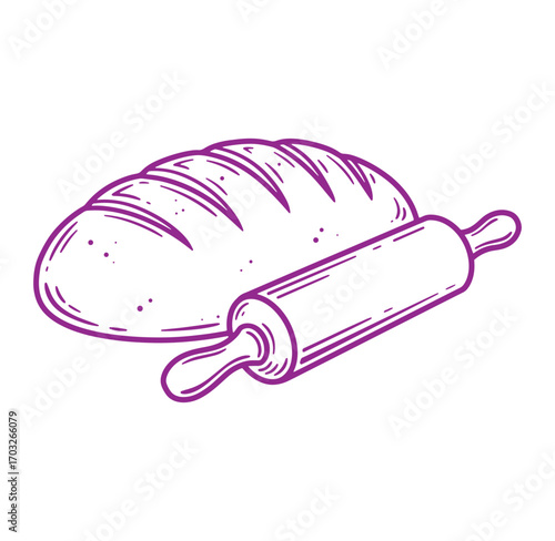 Simple illustration of a loaf of bread and rolling pin for culinary and baking concepts