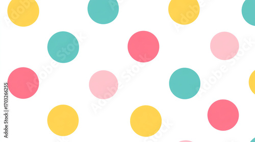 Wallpaper Mural A repeating pattern of evenly spaced, colorful polka dots in yellow, teal, pink, and red on a white background, creating a playful and vibrant design Torontodigital.ca