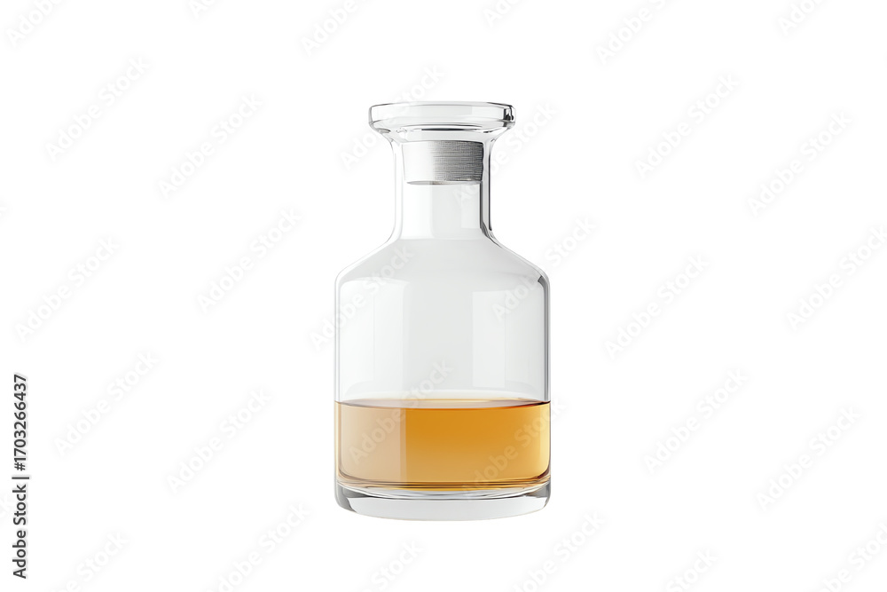 Elegant glass decanter filled with amber liquid, showcasing its smooth design and premium quality against a white background.