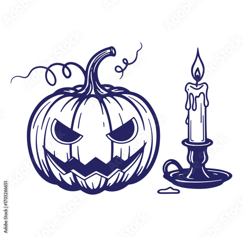 Spooky halloween jack o lantern and candle vector illustration in a dark blue outline