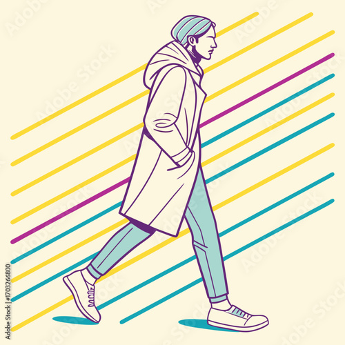 Man Walking in Stylish Winter Coat.