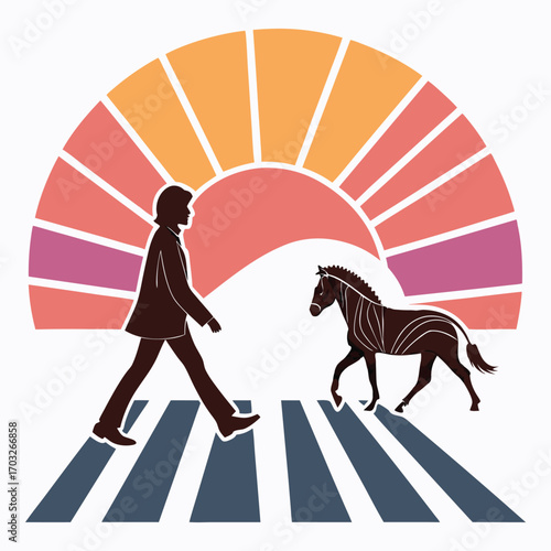 Silhouette of a person walking across a zebra crossing with a horse.