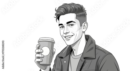 Smiling young man with a modern hairstyle holding a takeaway coffee cup, a black and white line art portrait