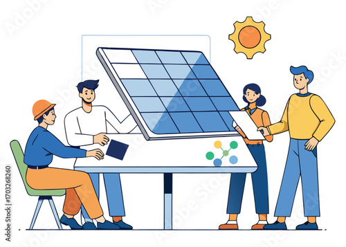 Team collaborating on solar panel design, renewable energy and sustainable power concept