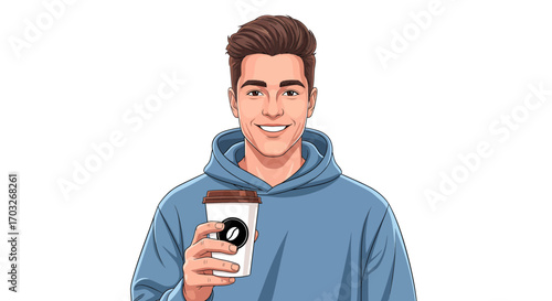 Portrait of a friendly handsome young man in a blue hoodie, enjoying his morning coffee from a takeaway paper cup and smiling at the camera