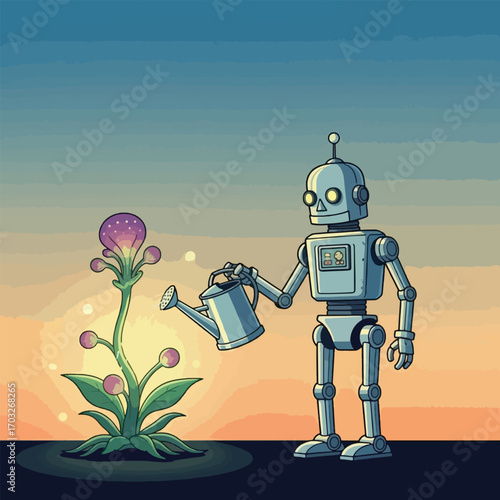 A vintage-style robot carefully waters a glowing, alien-like plant with a watering can as the sun sets.