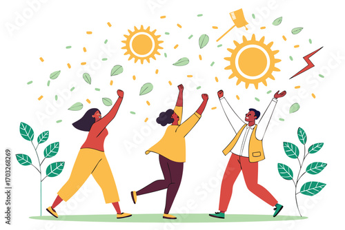 Joyful team celebrating success with arms raised under sunshine and leaves, feeling happy