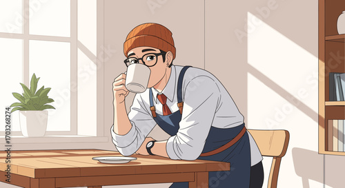 A young man in an apron and beanie enjoys a peaceful morning, sipping a warm cup of coffee by a sunlit window