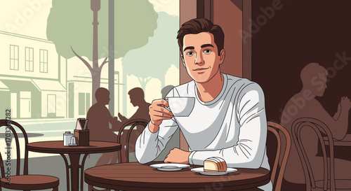 A handsome young man enjoys a relaxing coffee break at a charming outdoor cafe in the city, an elegant vector illustration