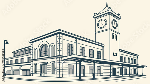 Elegant Line Art of an Old European Train Station Facade.