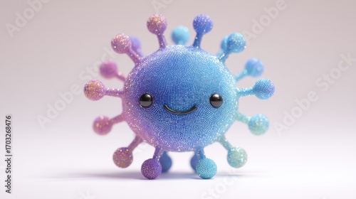 Cute cartoon virus character smiling on light background