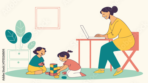 Mother working on laptop while children play with blocks.