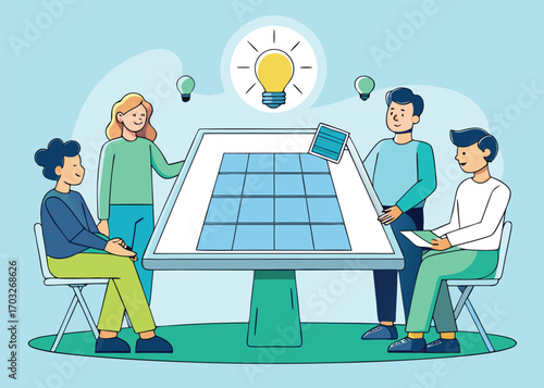 Team brainstorming innovative ideas for solar energy panel in modern office setting