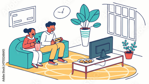 Happy couple playing video games together on the couch.
