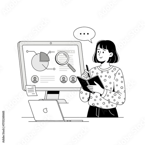Woman analyzing data on computer screen, taking notes