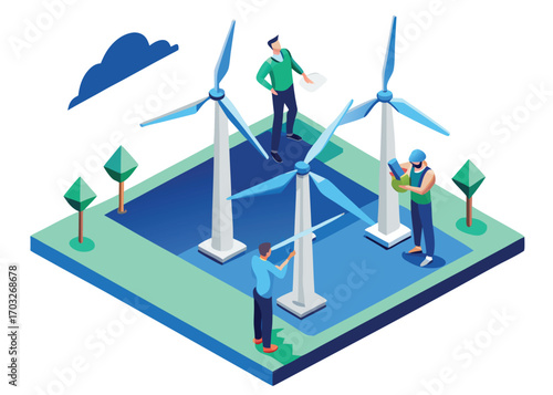 Engineers inspecting wind turbines for sustainable energy production in vibrant modern illustration