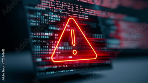 Cybersecurity warning alert on digital computer screen, red error symbol with code background, data breach hacking concept, malware attack security risk alert system, cybercrime virus threat technolog