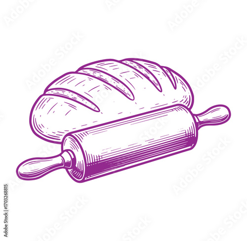 Vintage hand drawn illustration of bread and rolling pin for bakery and baking designs