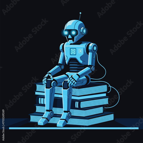 A blue robot sits atop a stack of books, contemplating in a dark setting.