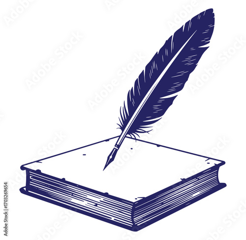 Vintage illustration of a quill feather writing on a classic open book
