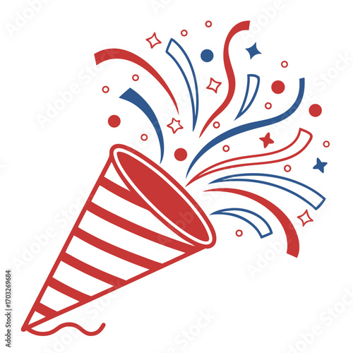 Red and white striped party popper exploding with blue and red confetti and streamers.