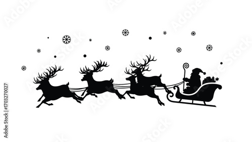 Santa's Sleigh with Reindeer in Winter Wonderland, Christmas Illustration, Joyful Environment, Magical Viewpoint