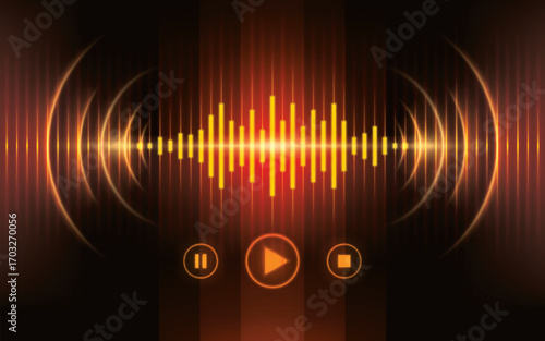 Abstract Digital Audio Sound Equalizer Effect. Futuristic Dynamic vibration. Modern Sound wave background. Signal concentric circles. Sonar wave echo sound, Play pause button icon media player control