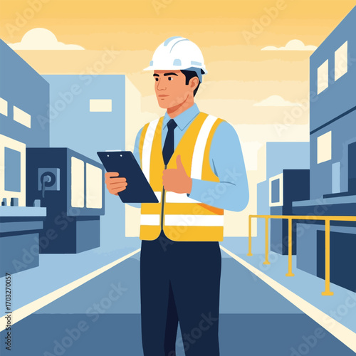 Construction worker with clipboard in industrial setting illustration.