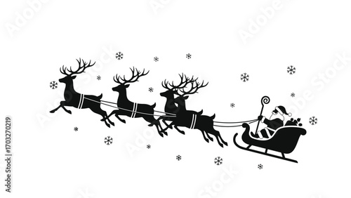 Santa Claus with Reindeer in Sleigh, Winter Wonderland, Illustration, Snowy Environment, Side View, Christmas Spirit