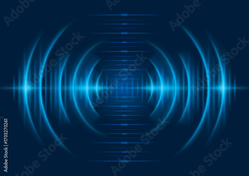 Abstract Blue Sonar sound waves background. Modern Signal concentric circles. Sonar wave and echo sounding. Digital Audio Sound Equalizer Effect. Dynamic vibration. Equalizer technology background.