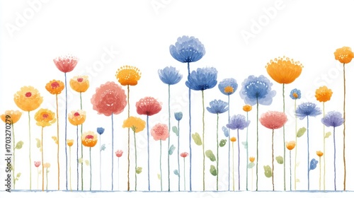 Watercolor painting of colorful flowers on white background