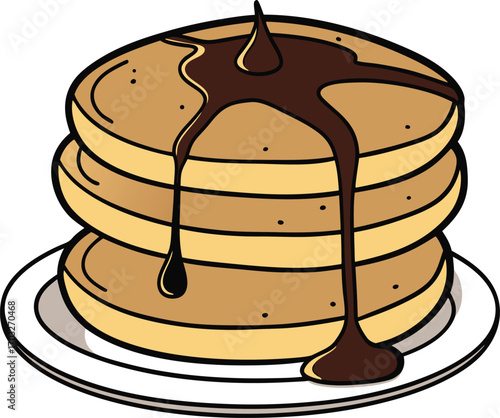 Vector art of stack of delicious pancakes with chocolate syrup pouring down