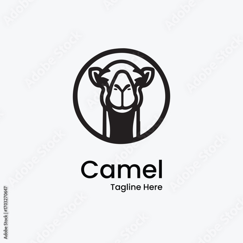 modern camel head vector logo in a circle, a simple line art graphic of a desert animal for a travel agency or arabian brand emblem.