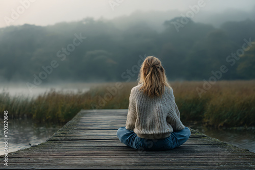 A woman sits cross-legged on a wooden dock overlooking a misty lake surrounded by tall grass and forested hills in a serene, foggy morning atmosphere